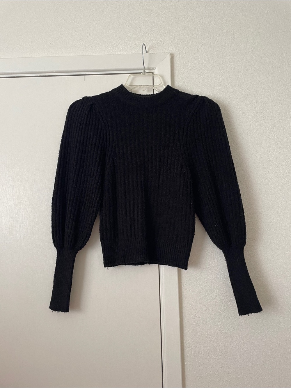 Anthropologie Leith Black Ribbed Puff-Sleeve Turtleneck Sweater